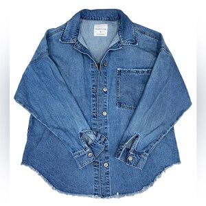 Celebrity Pink Jean Jacket in Blue Denim Oversized Style Frayed Hem Size Medium